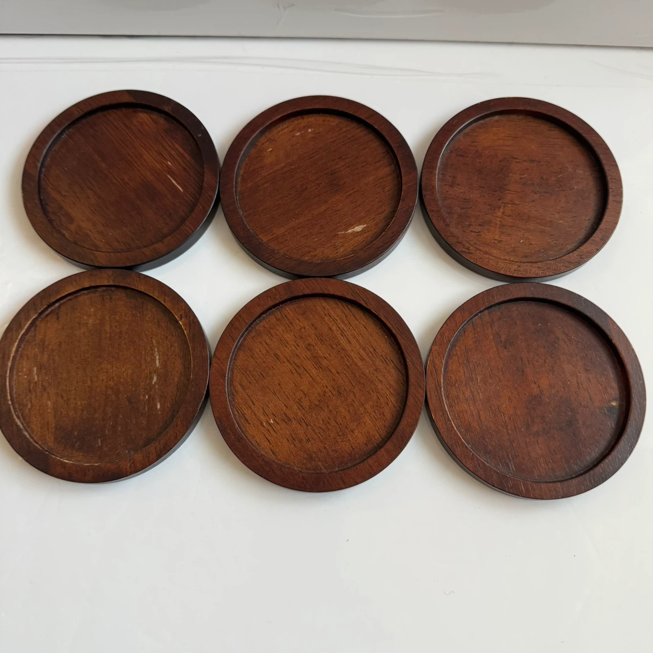 Vintage Brown Hardwood and Metal 6 Coaster Set Barware 3.75" Dia - photo 4