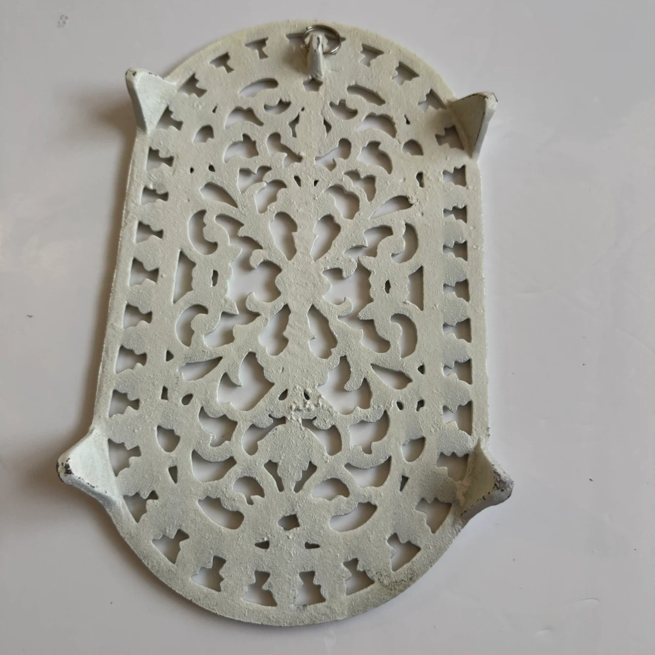 VTG Cast Iron Trivet reticulated White  10x6" Oval Footed - photo 5