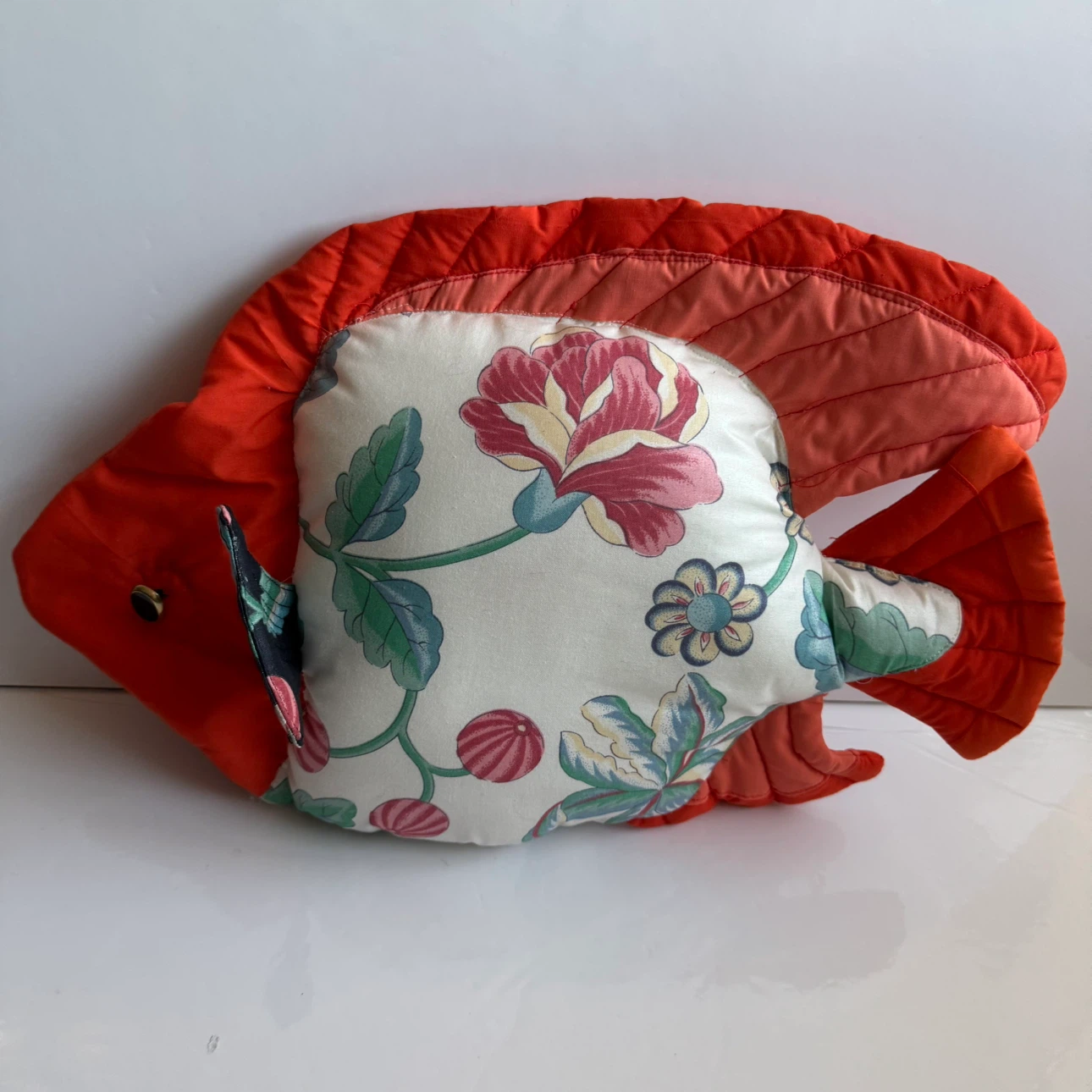 Handmade Fabric Fish Pillow Floral Quilted Decor VTG 17x11"