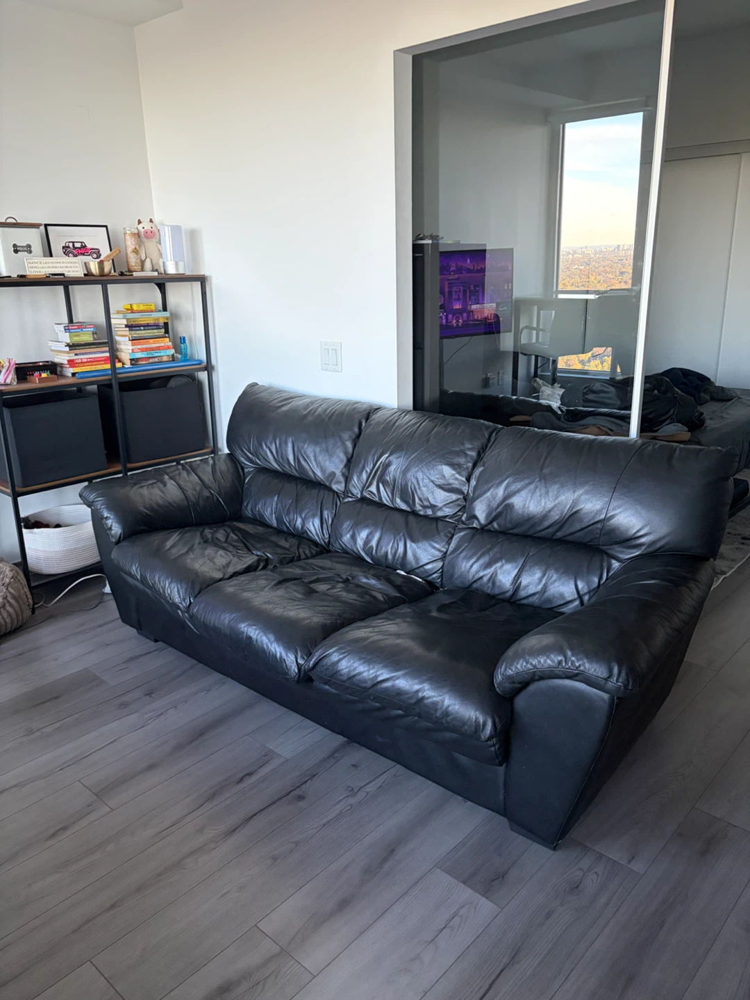 Black Leather Three-Seater Sofa