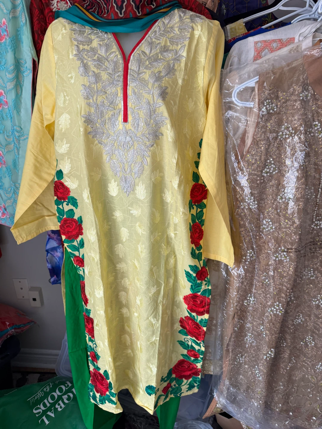 Yellow Floral Embroidered 3 piece suites in 100% cotton - photo 2