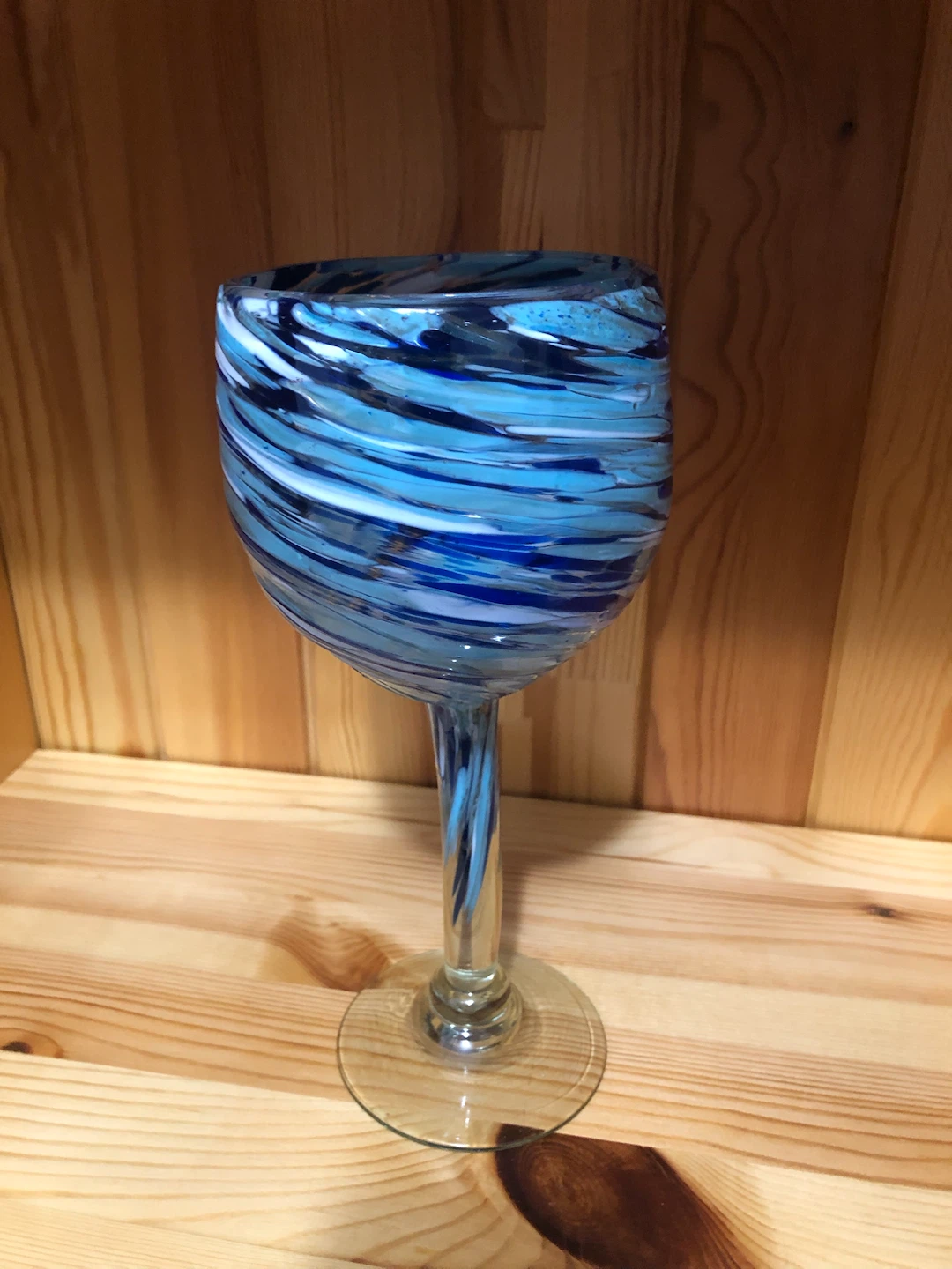 Two tone blue heavy glass goblet