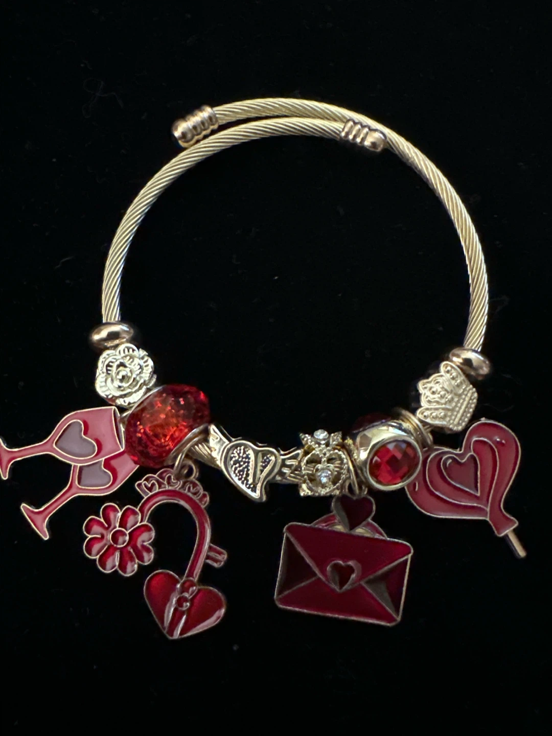 Red Charm Bracelet with Heart and Letter Accents