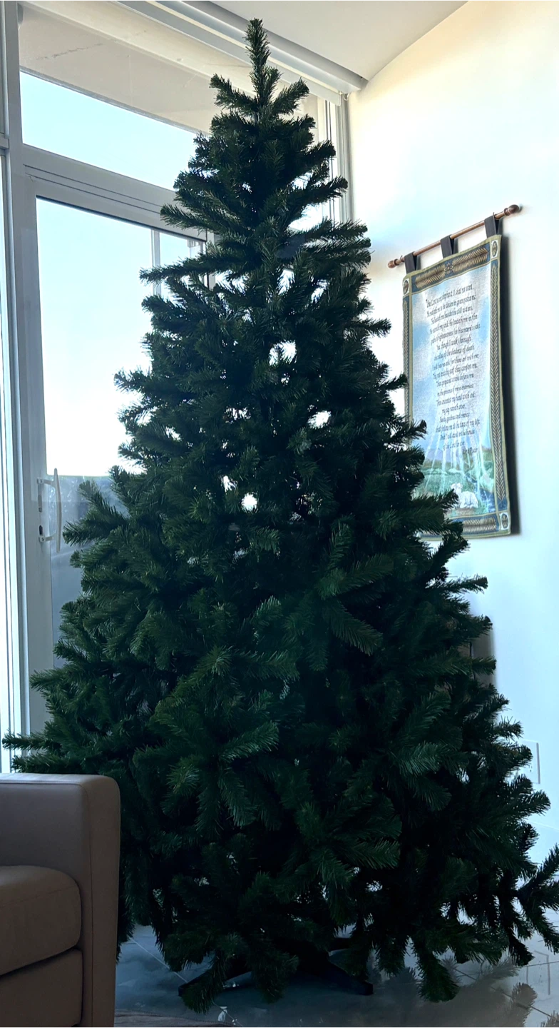 8’ high Artificial Christmas Tree with Rubbermaid Container