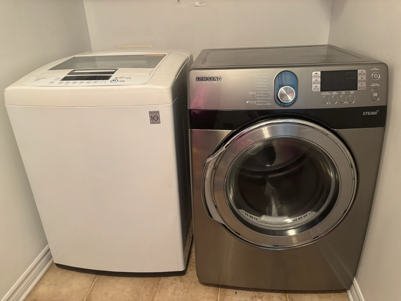 Samsung Steam Dryer and LG Top Load Washer Set