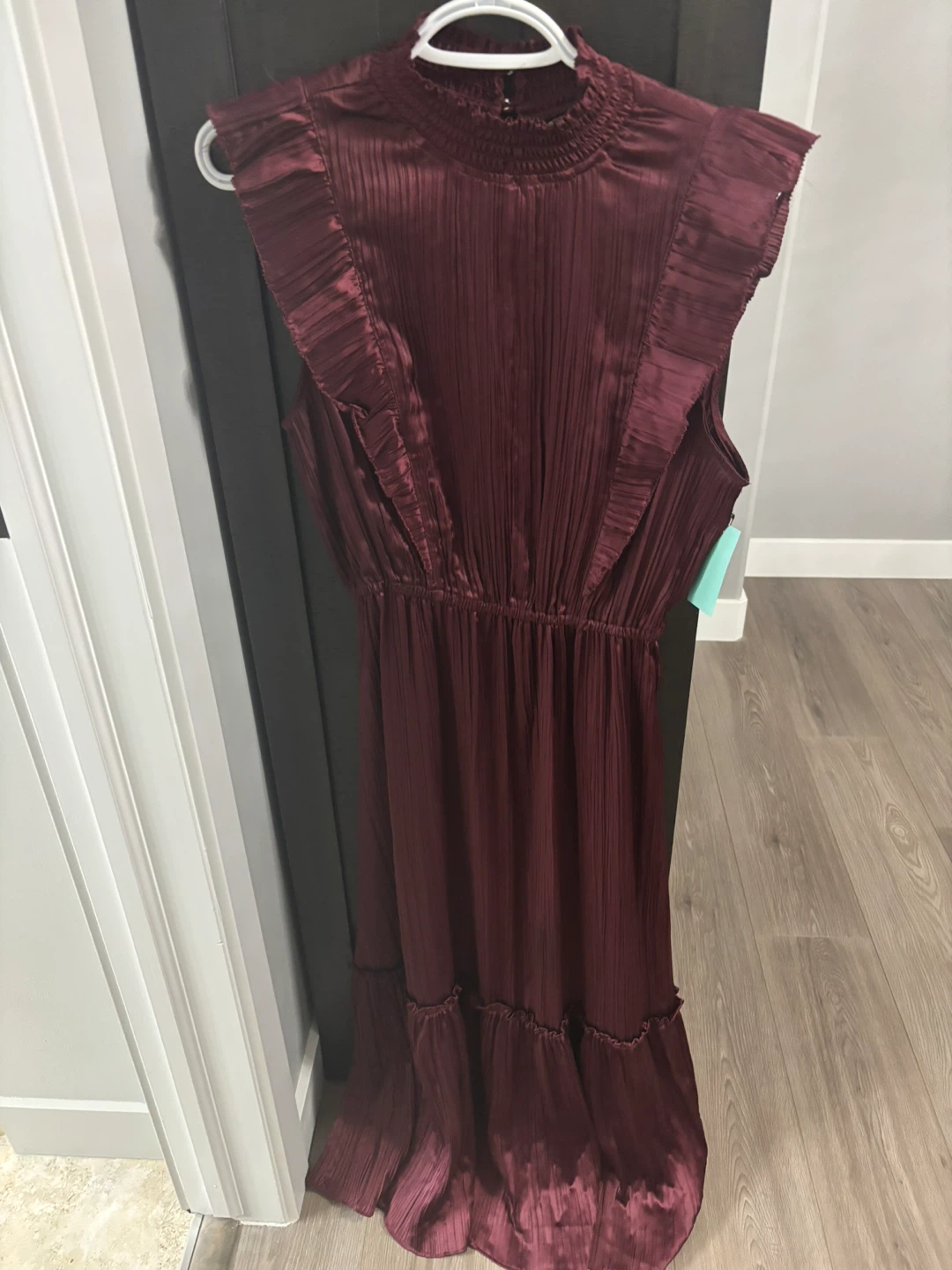 Burgundy Pleated Ruffle Midi Dress