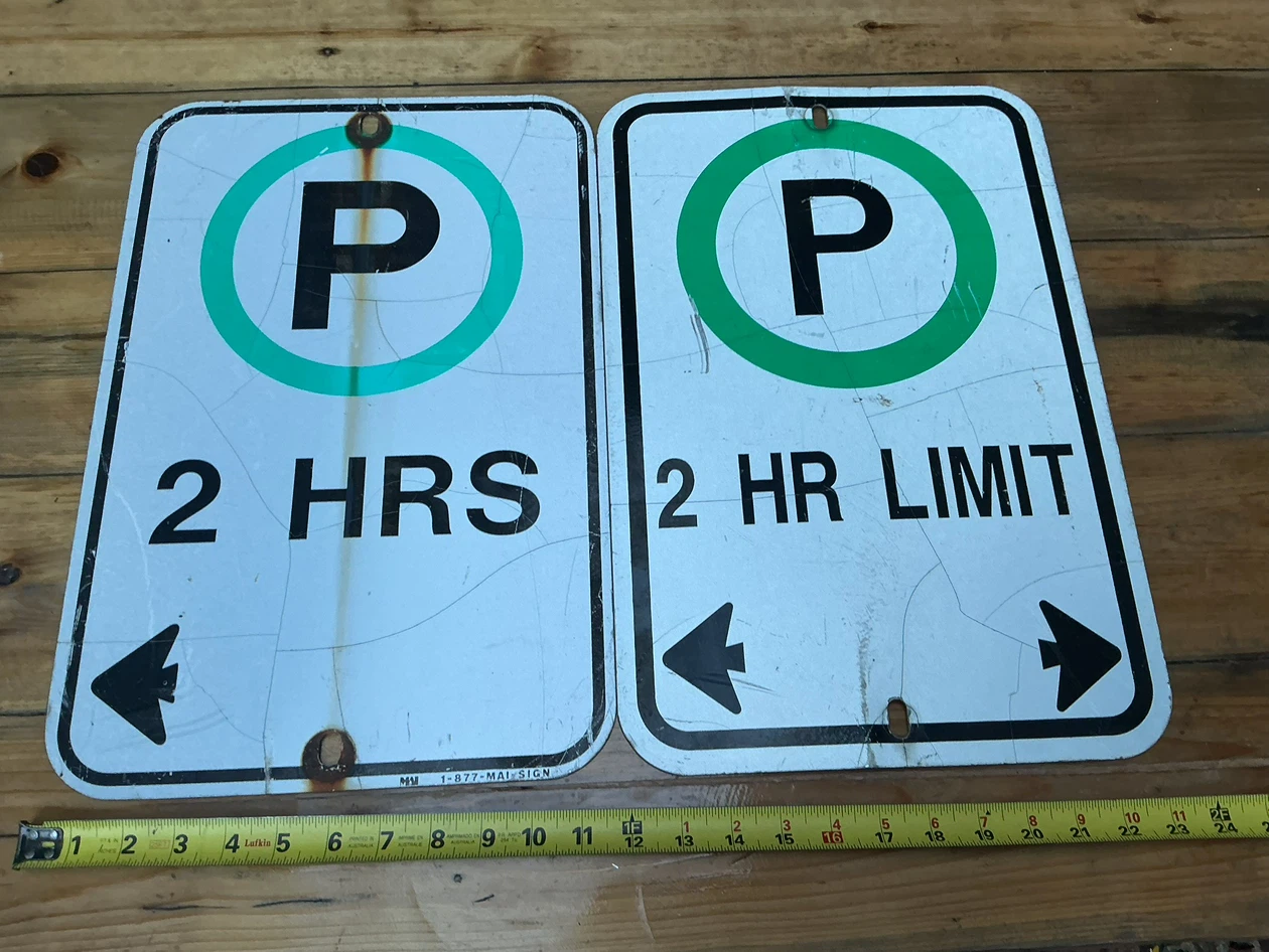 Two Vintage Metal 2 Hour Limit Parking Signs !