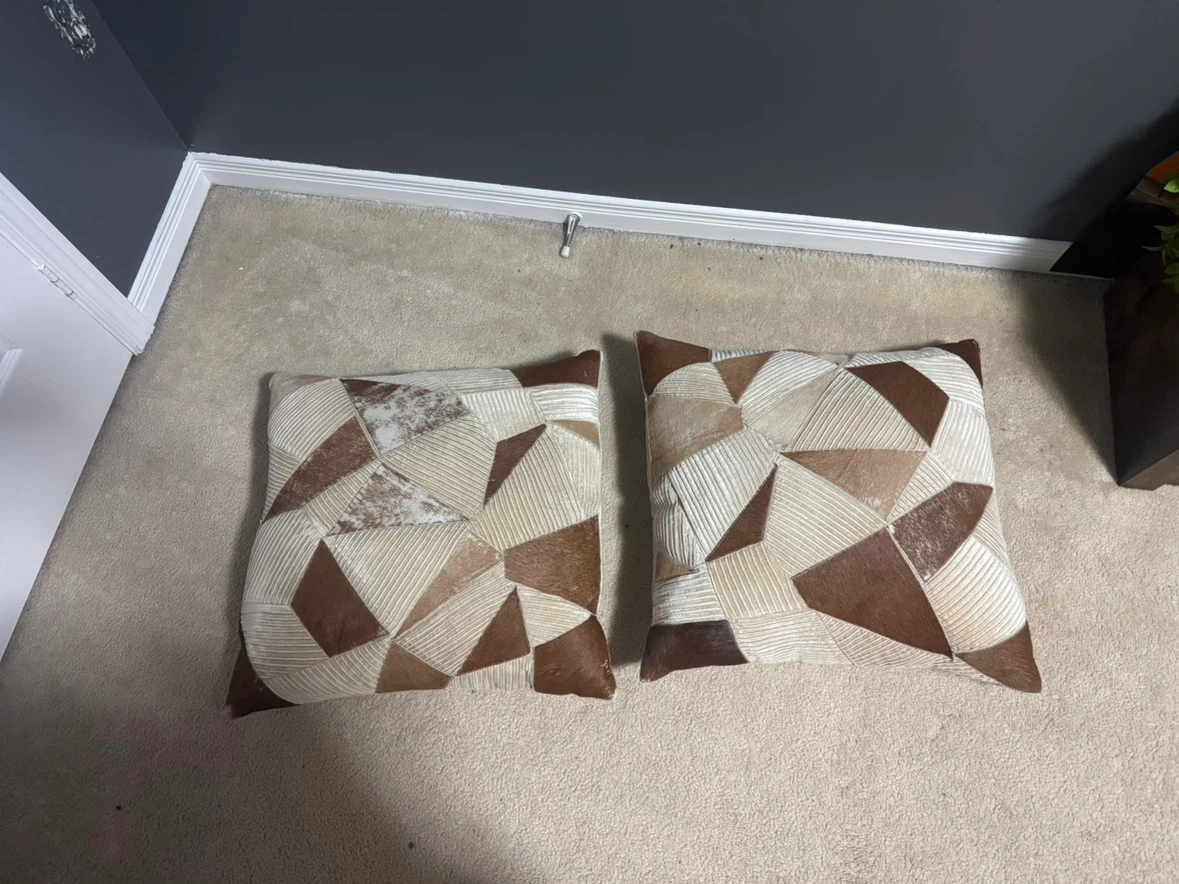 Set of Two Cowhide and Fabric Decorative Pillows