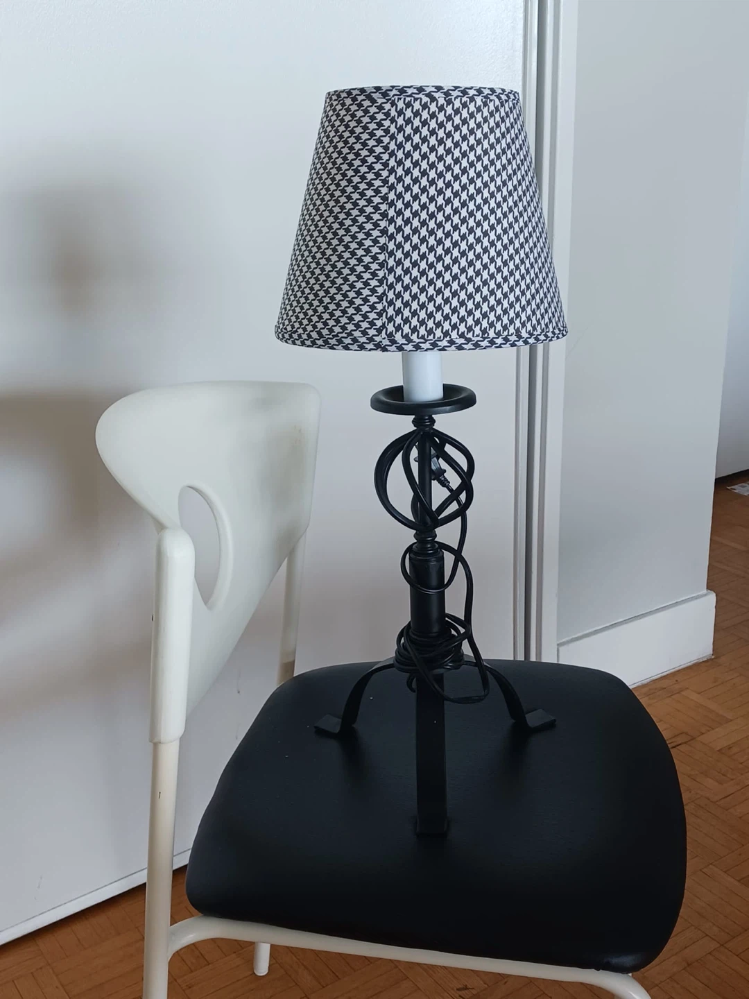 Black Wrought Iron Table Lamp with Houndstooth Shade