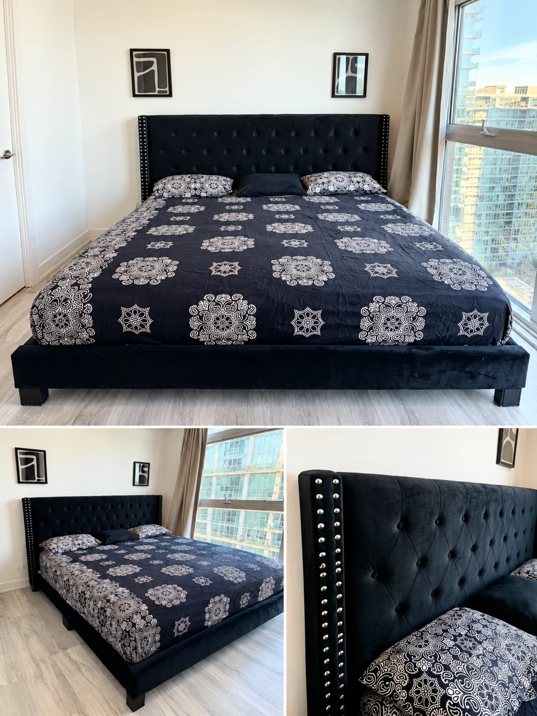 Black Velvet Tufted King Size Bed Frame With Mattress Included