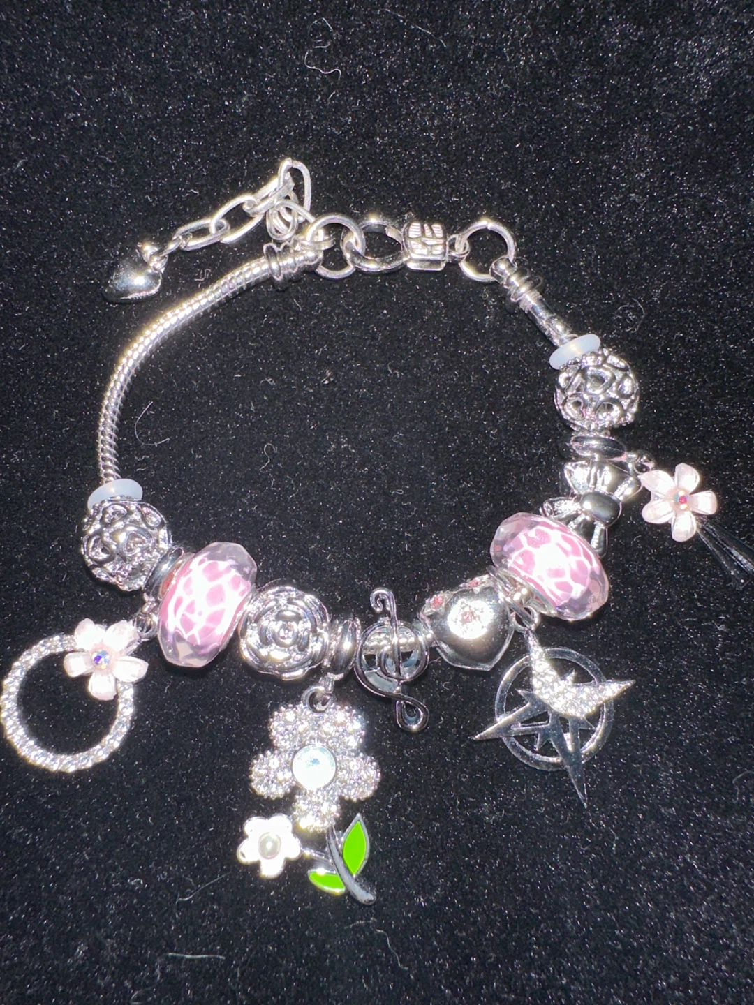Silver-Tone Charm Bracelet with Pink Floral Accents - photo 2