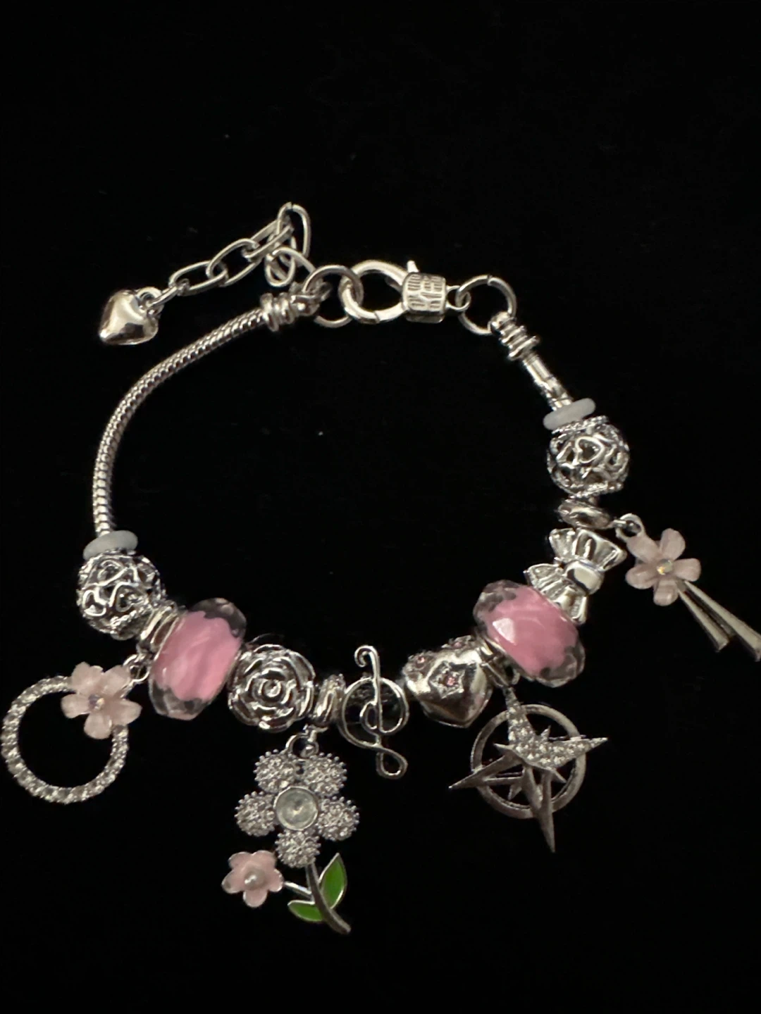 Silver-Tone Charm Bracelet with Pink Floral Accents