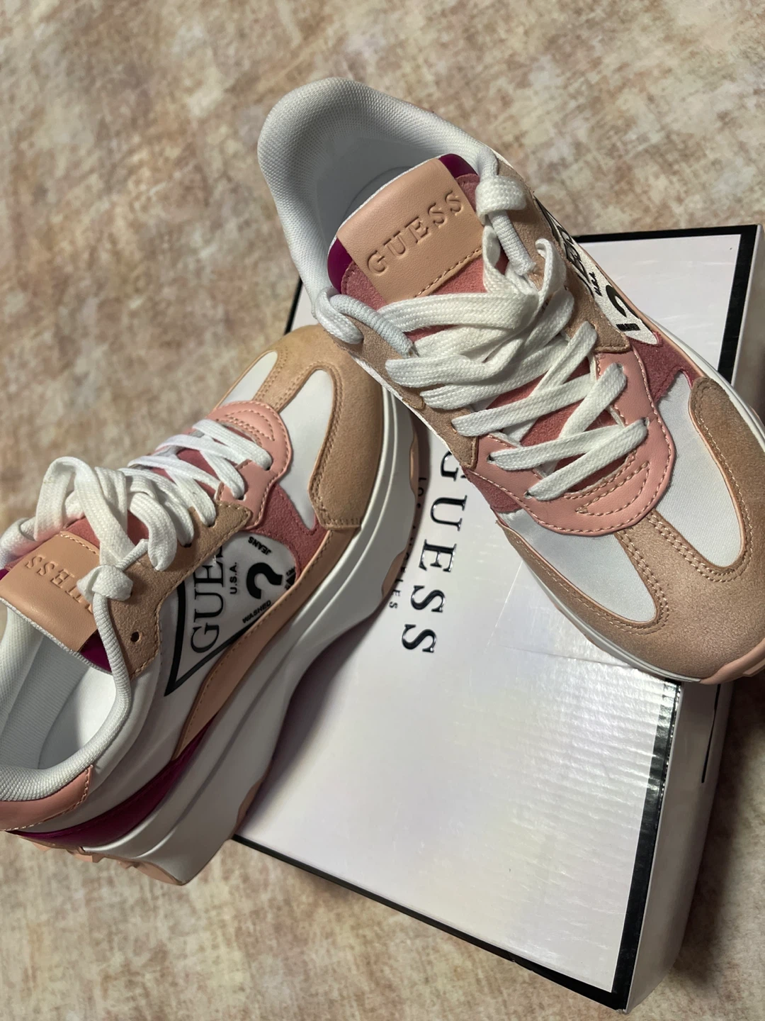 Guess platform sneakers in pink and white
