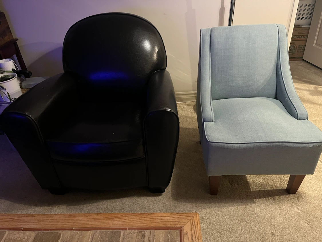 Black Faux Leather Club Chair + smaller blue chair