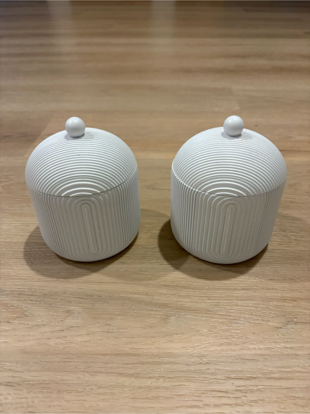 Set of Two White Textured Ceramic Jars with Lids