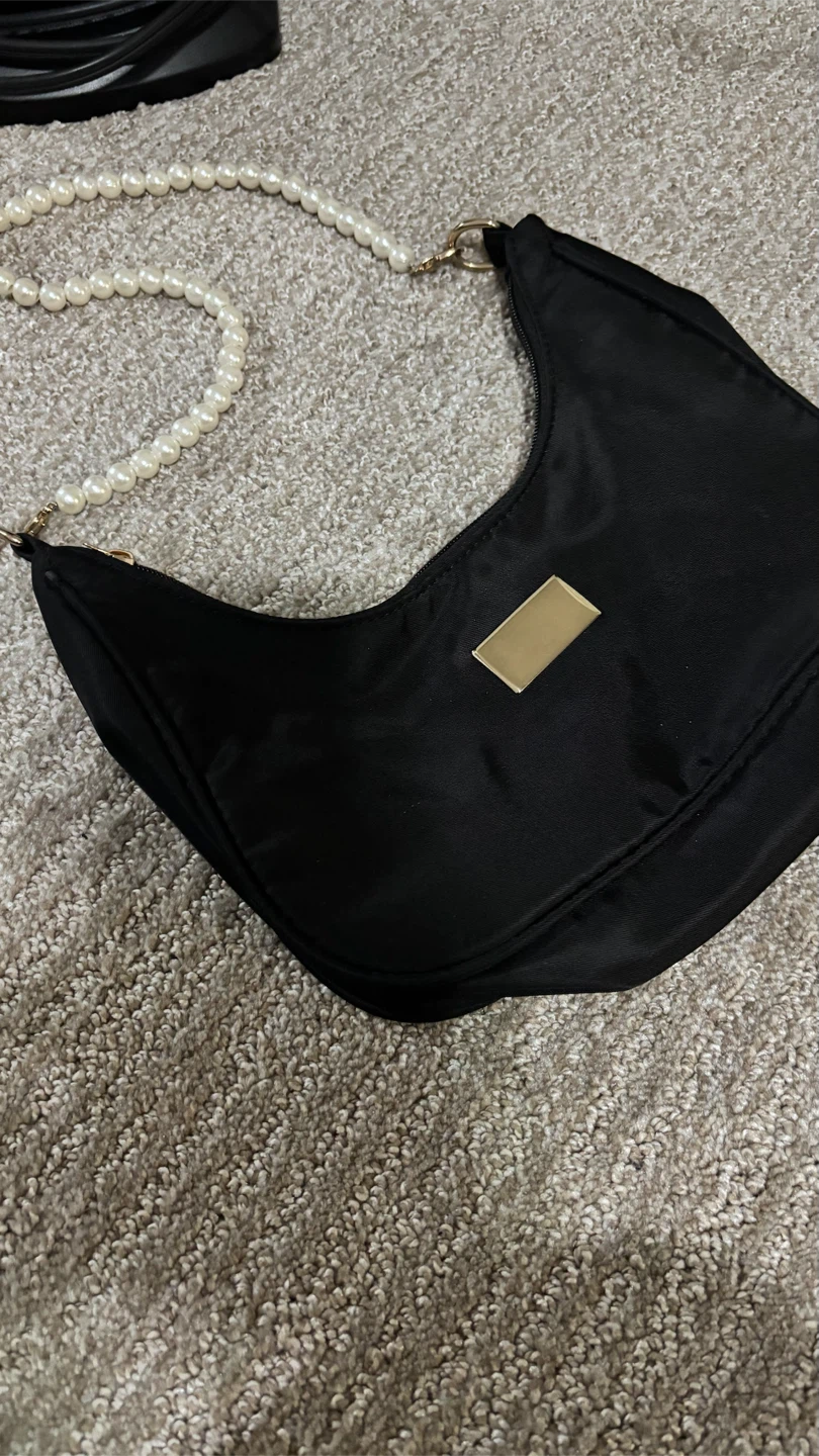 Black Nylon Handbag with Pearl Strap