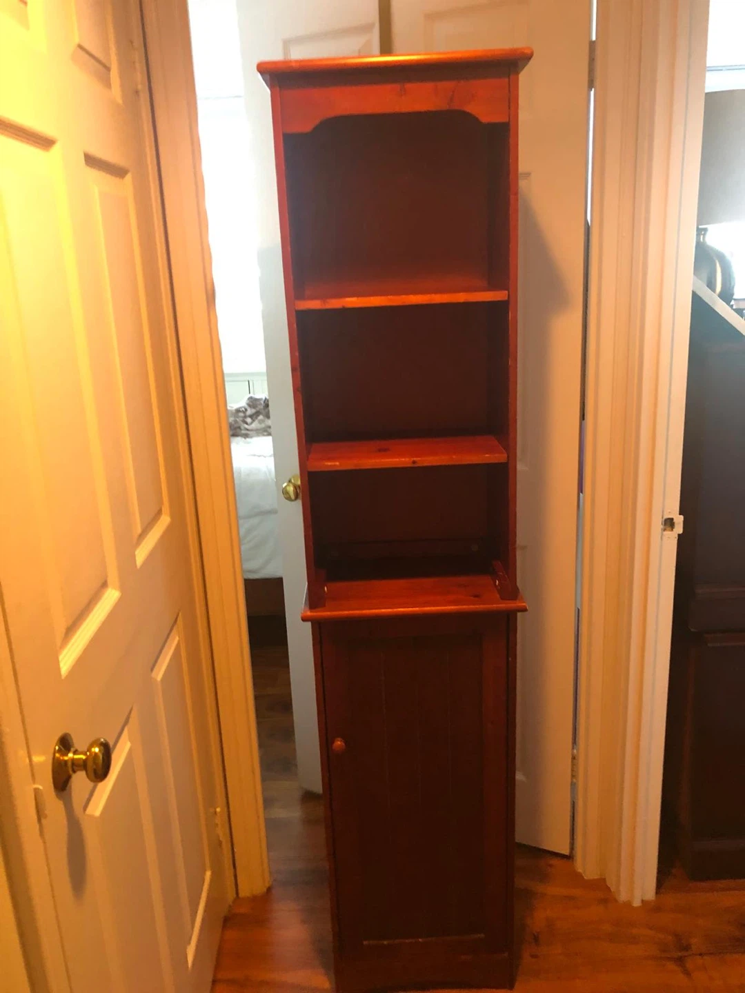 Tall wooden storage shelf cabinet