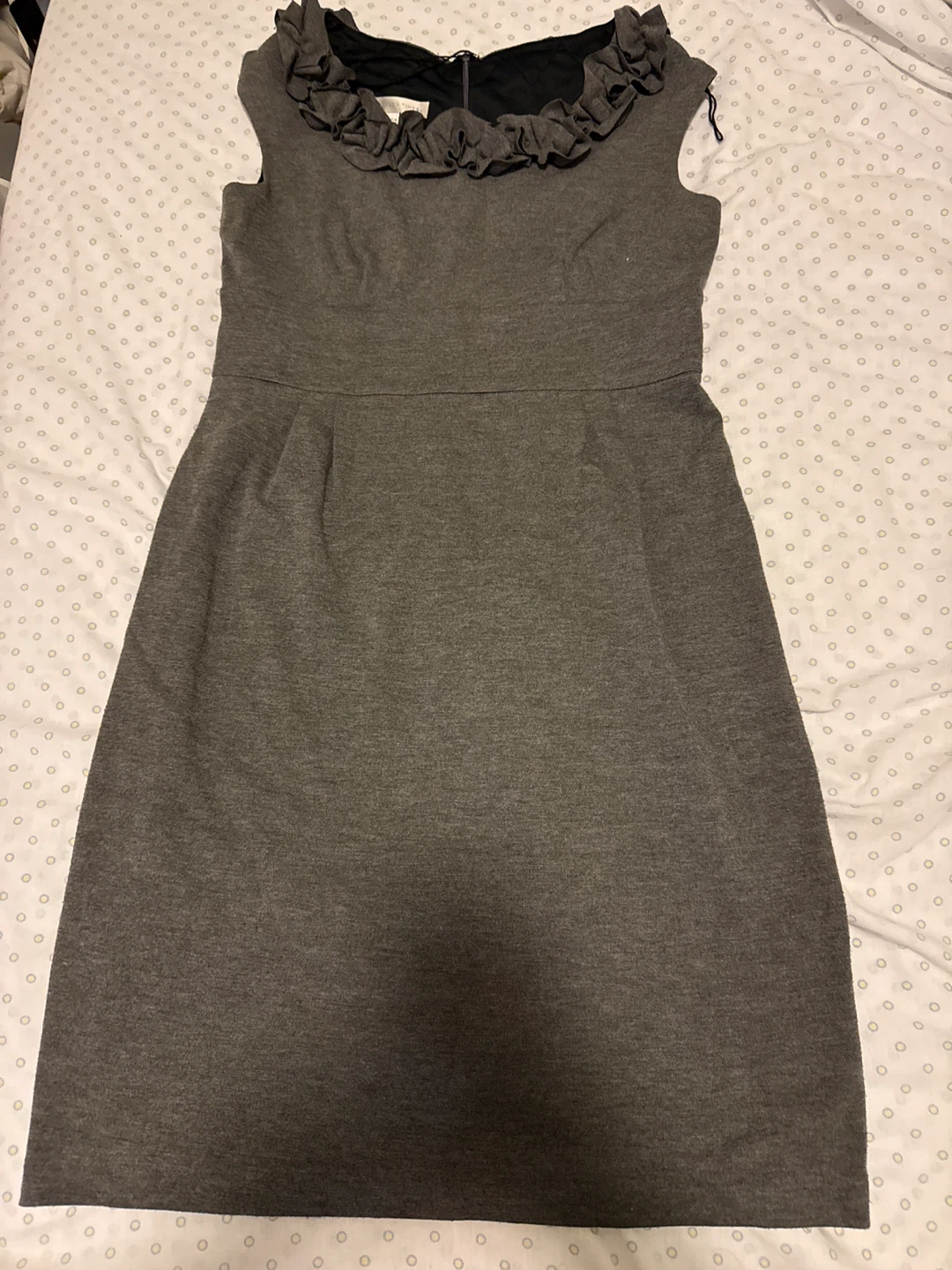 London Times grey ruffle neck dress