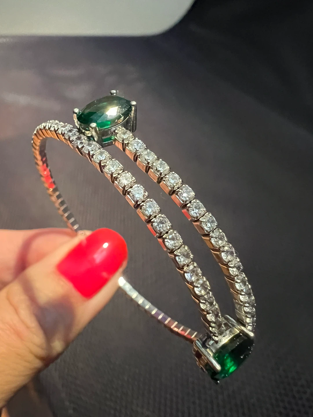 925 silver flex bangle bracelet with lab emeralds and sapphires