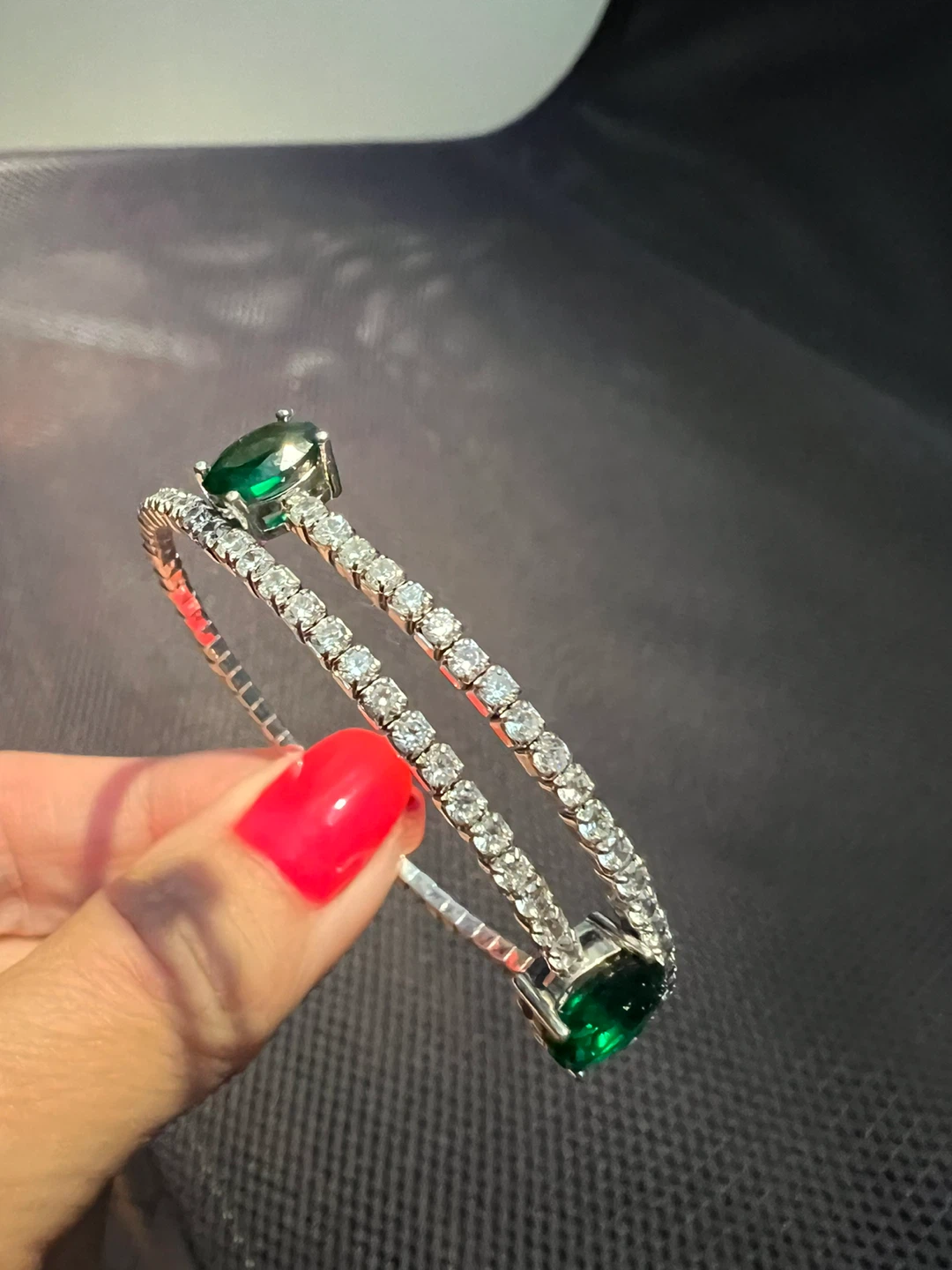 925 silver flex bangle bracelet with lab emeralds and sapphires - photo 2
