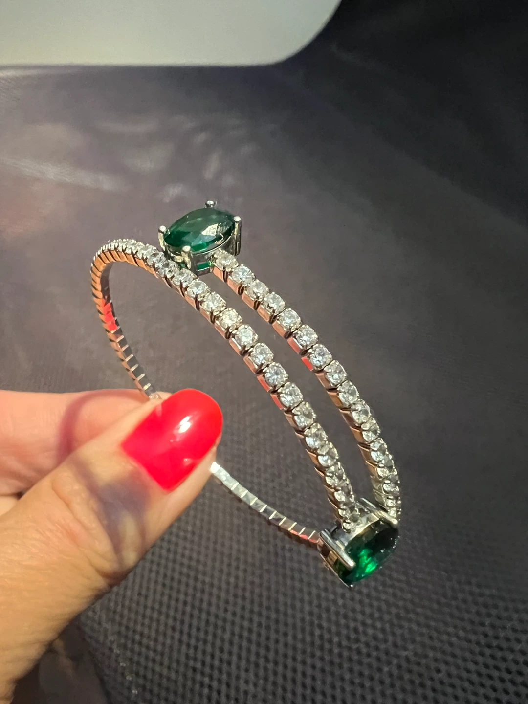 925 silver flex bangle bracelet with lab emeralds and sapphires - photo 3