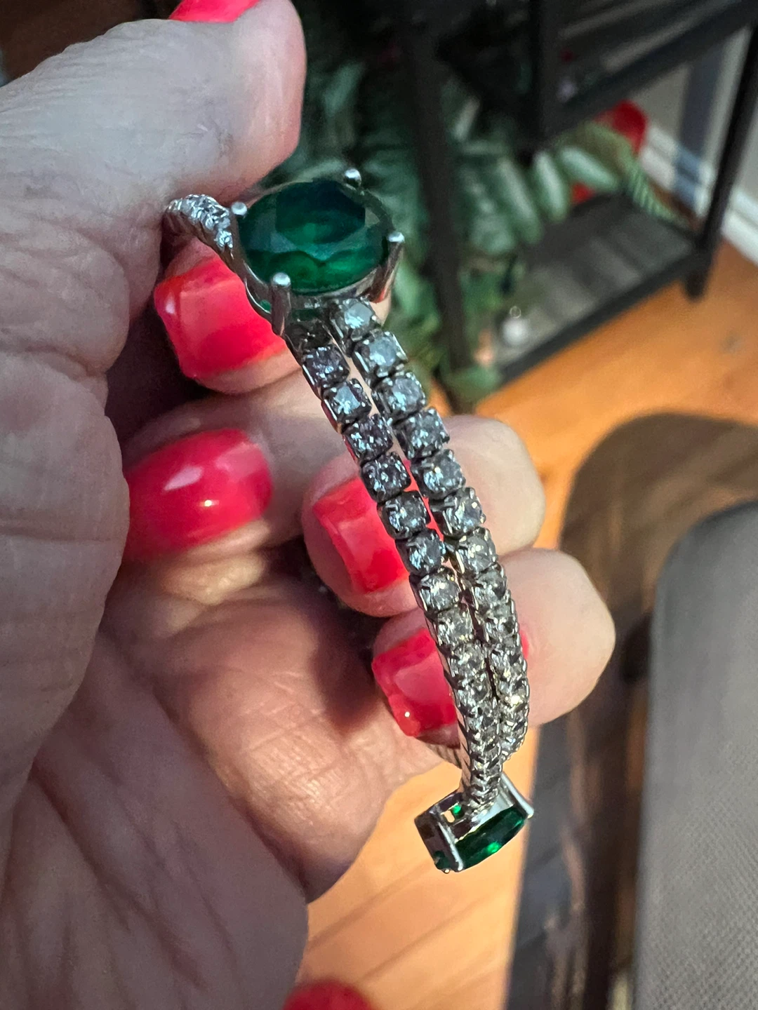 925 silver flex bangle bracelet with lab emeralds and sapphires - photo 5