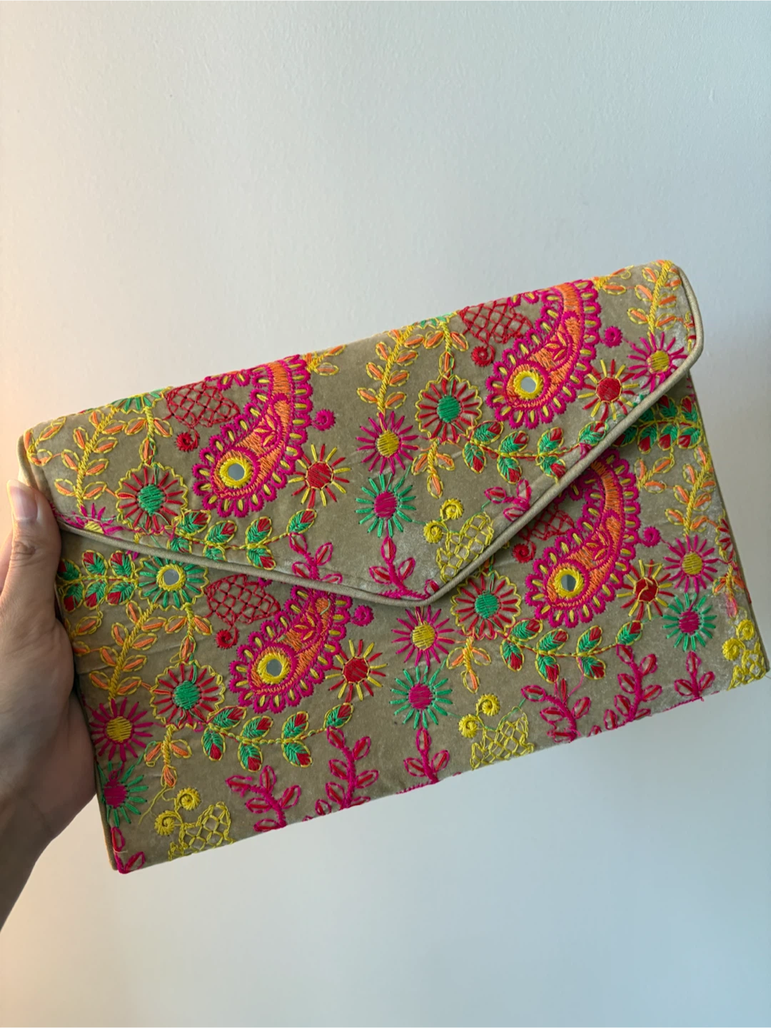 Embroidered Velvet Clutch with Bead Strap