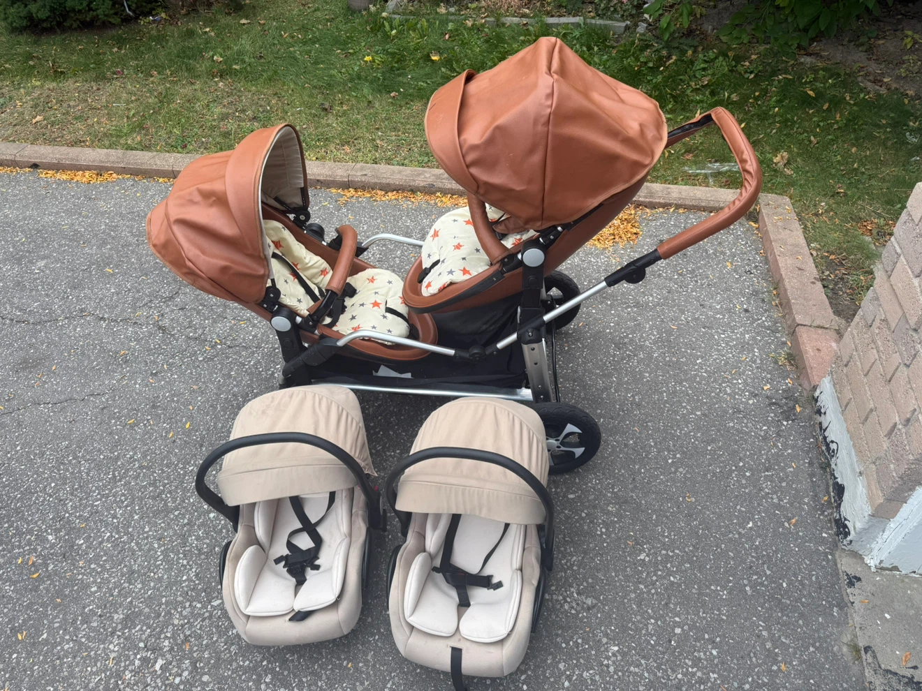 Double Stroller with Two Infant Car Seats