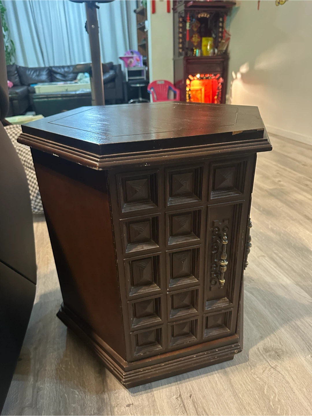 Vintage Hexagonal Wood End Table with Storage