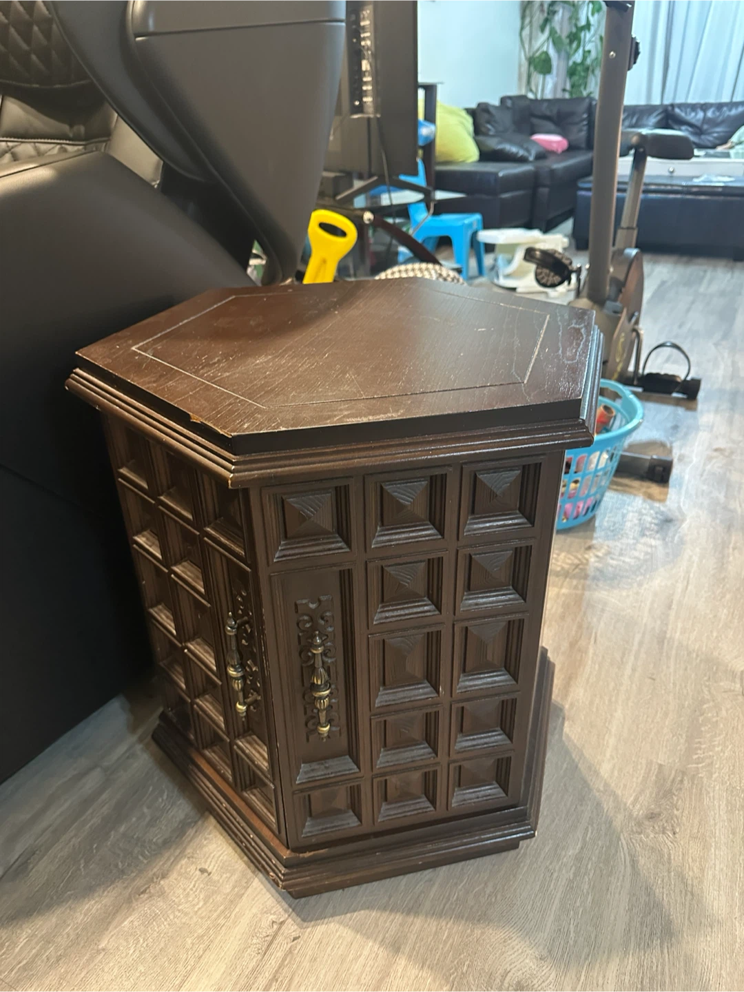 Vintage Hexagonal Wood End Table with Storage - photo 2
