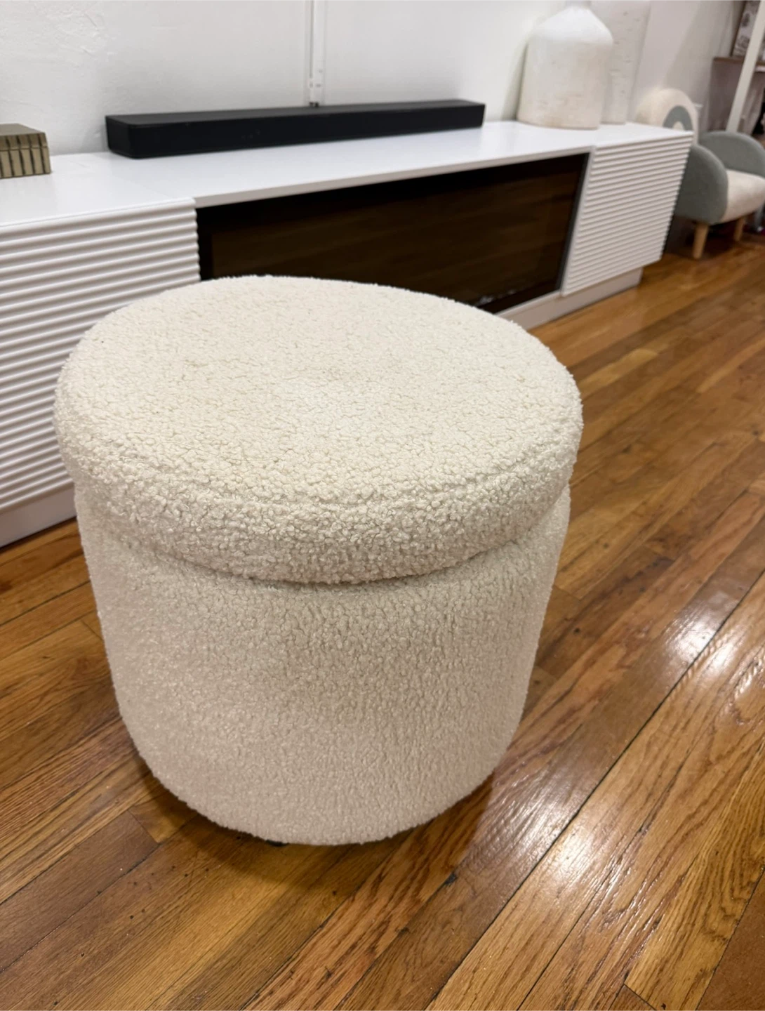 Cream Boucle Round Storage Ottoman