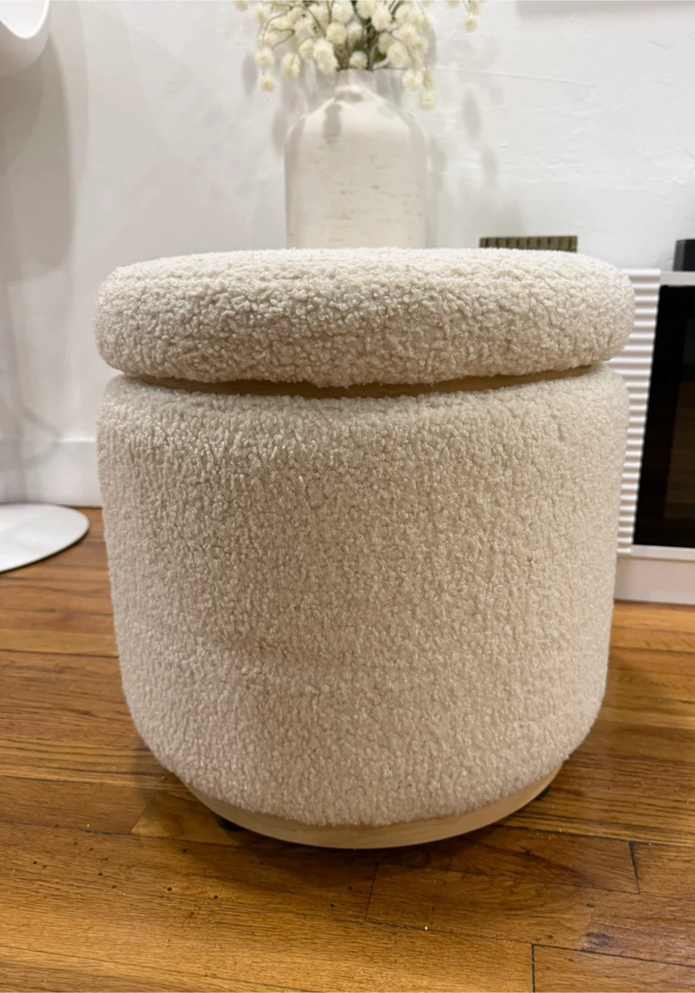 Cream Boucle Round Storage Ottoman - photo 2