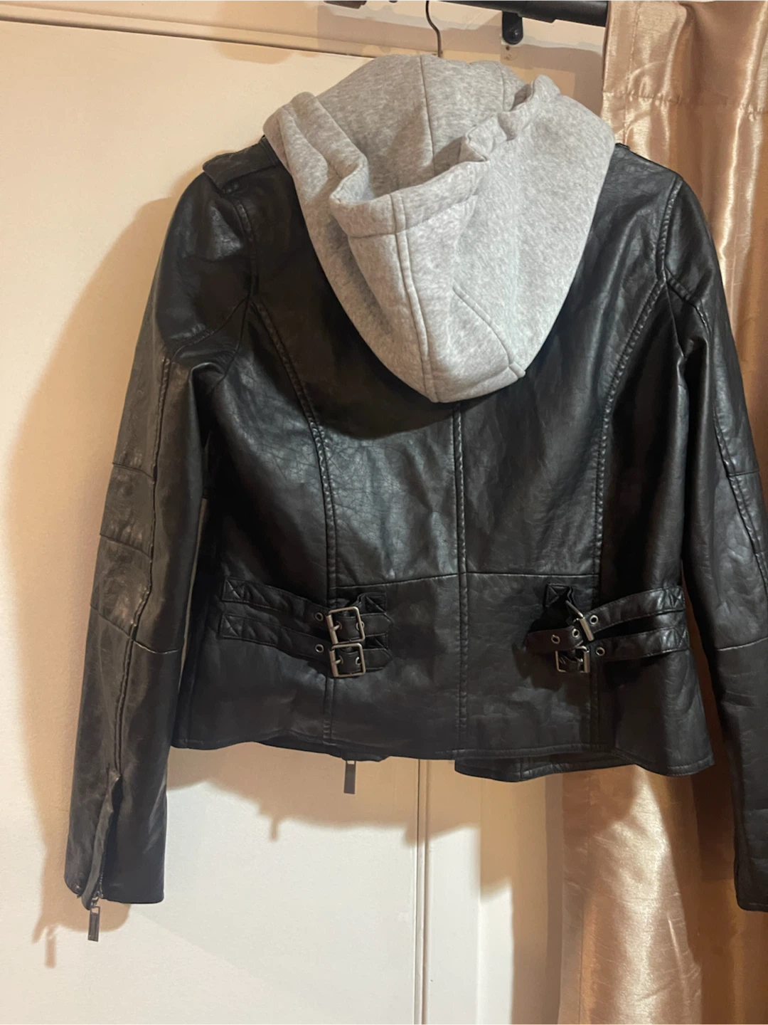 Black Faux Leather Jacket with Hoodie