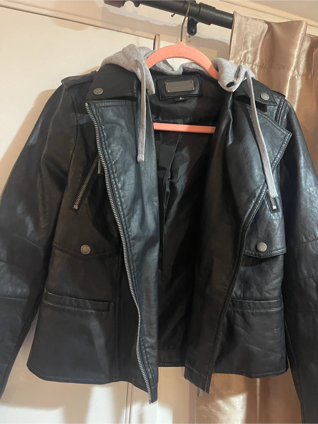 Black Faux Leather Jacket with Hoodie - photo 2