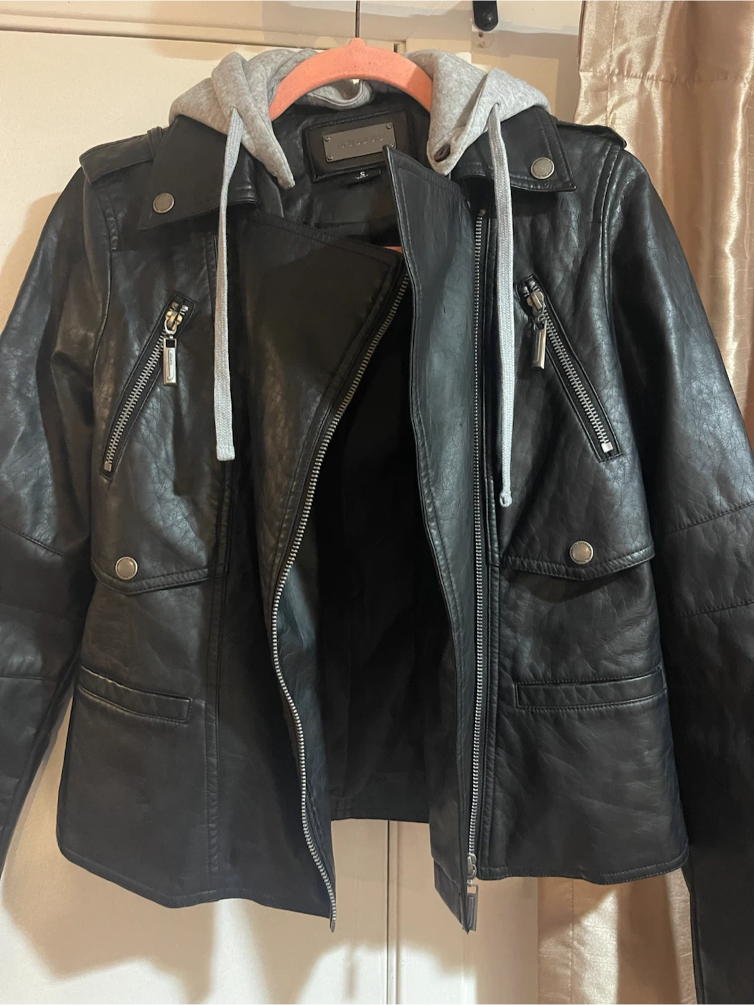 Black Faux Leather Jacket with Hoodie - photo 3