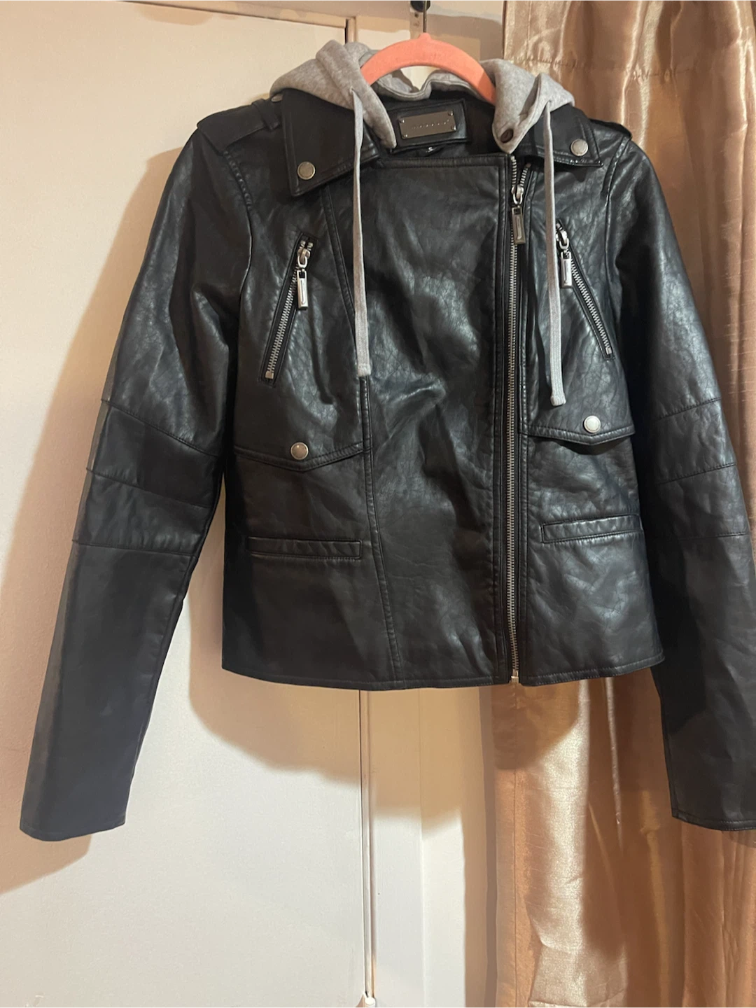 Black Faux Leather Jacket with Hoodie - photo 4