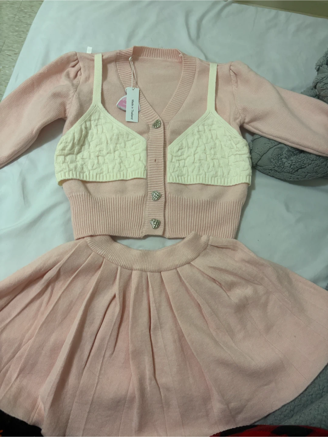 Pink Two-Piece Knit Cardigan and Skirt Set