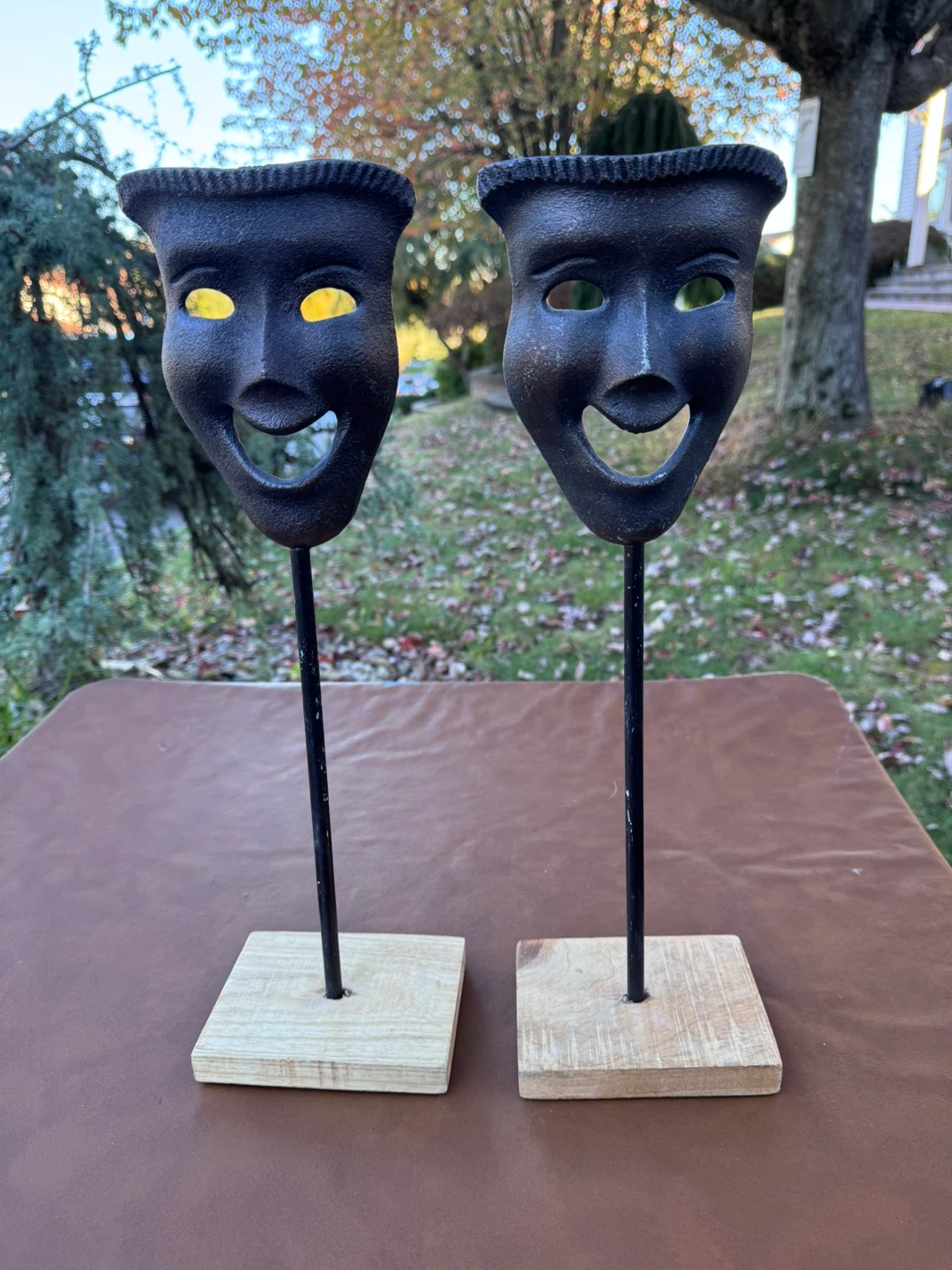 Set of Two Comedy Theater Masks on Stands