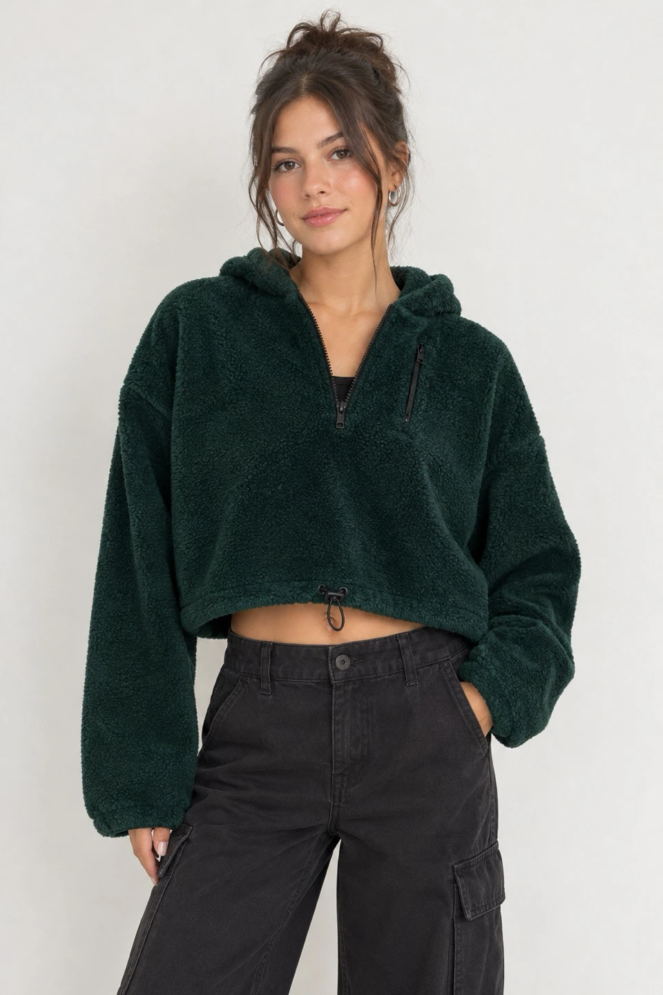 Topshop Dark Forest Green Cropped Teddy Hoodie