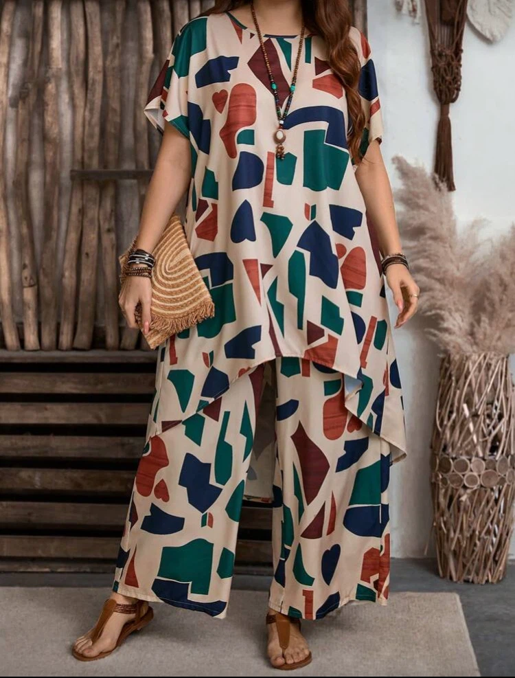Abstract Print Tunic and Wide-Leg Pants Set