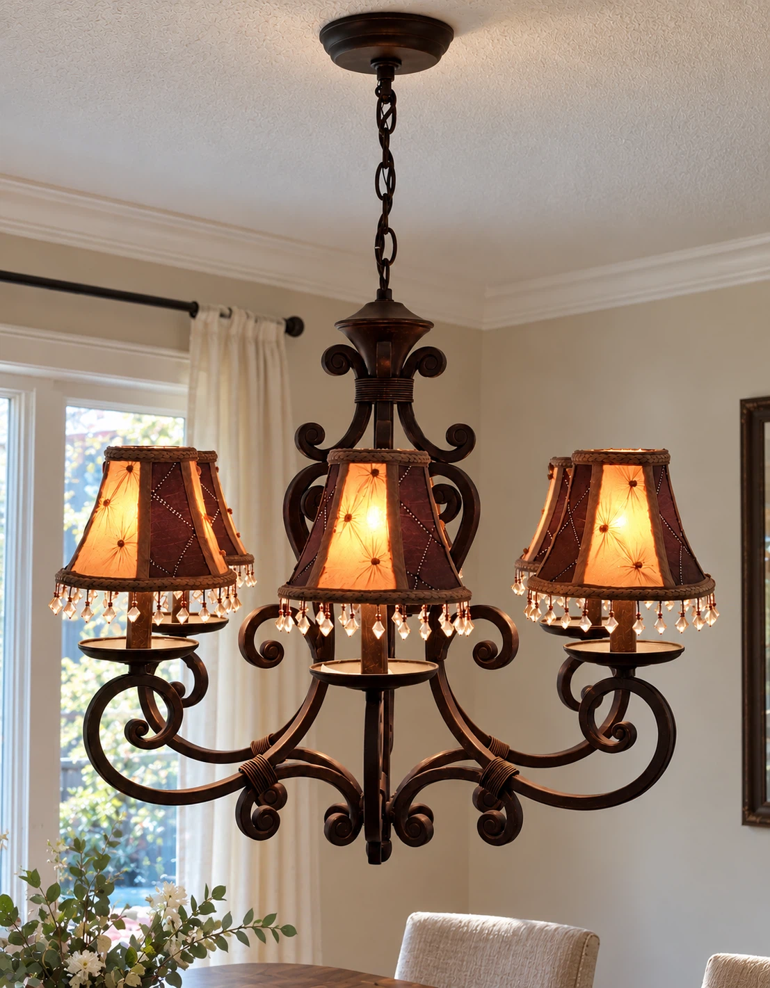 Ornate Bronze 6-Light Chandelier with Beaded Shades