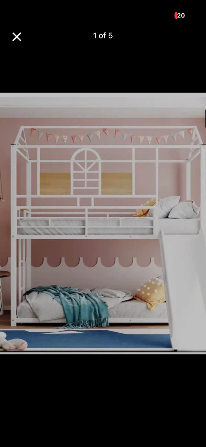 White Metal House-Style Bunk Bed with Slide