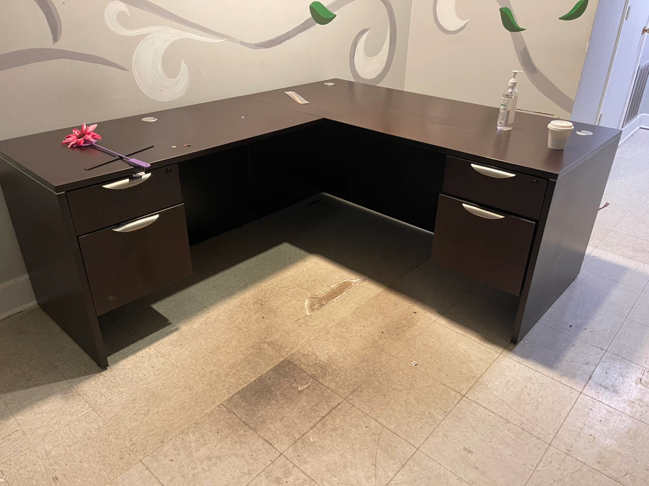 Dark Brown L-Shaped Desk with Drawers