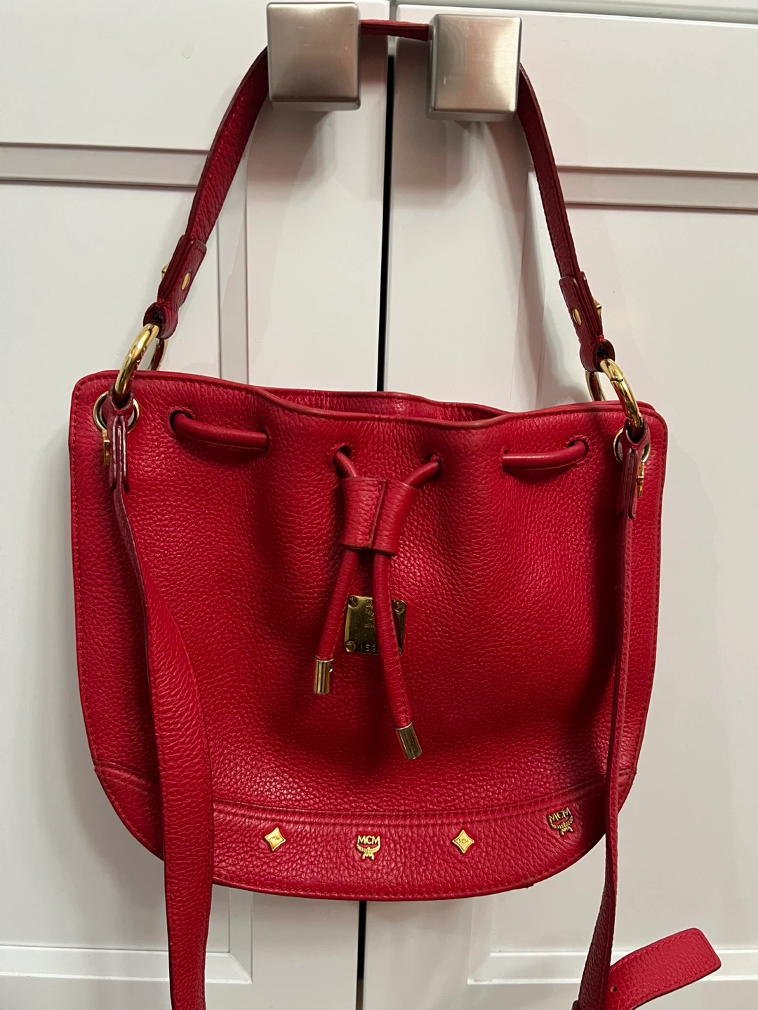 MCM Red Leather Bucket Bag