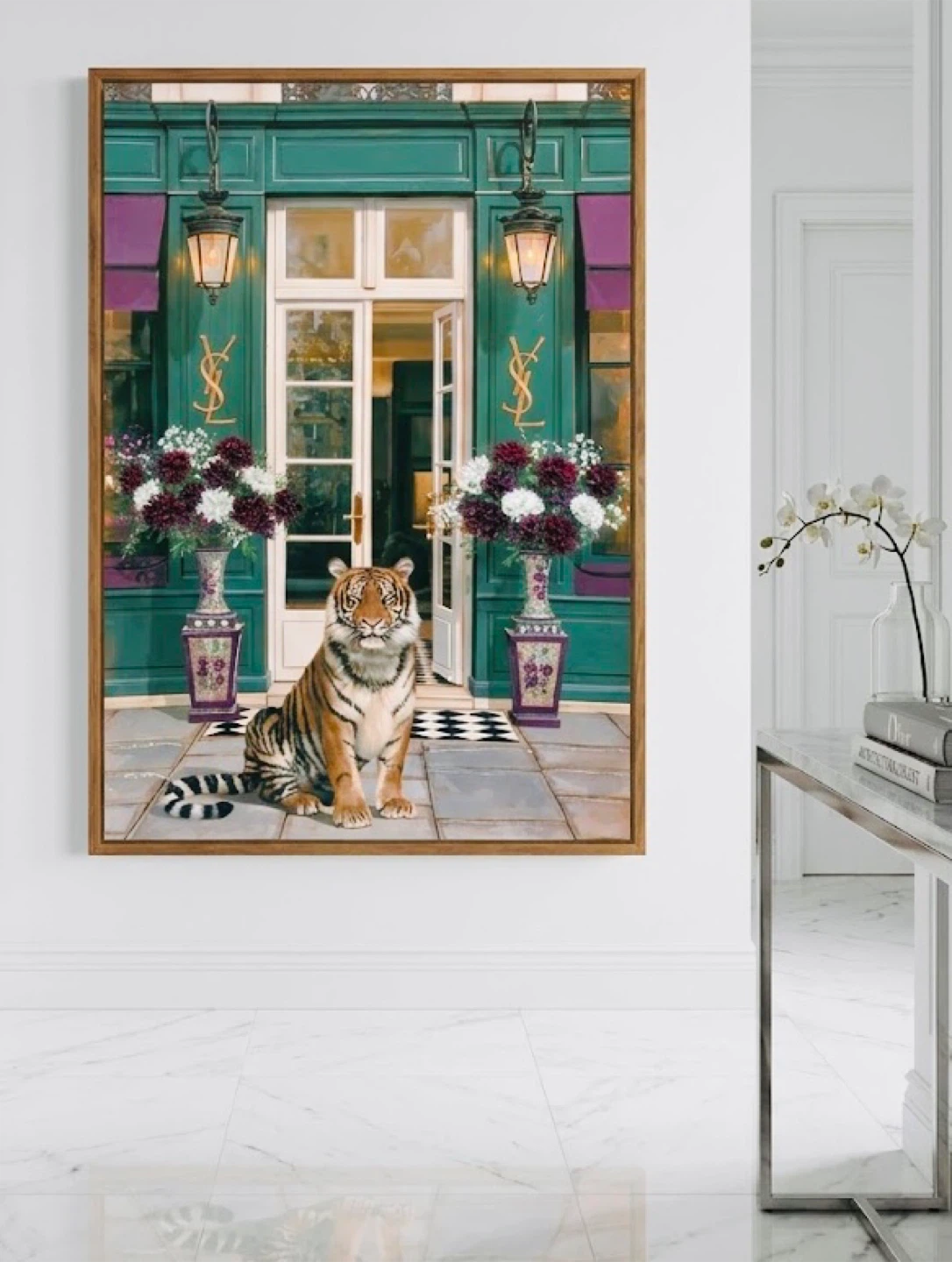 Large Tiger and Floral Print Wall Art