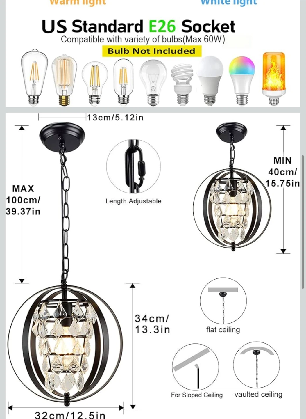 Black Metal Orb Crystal Pendant Light - photo 3