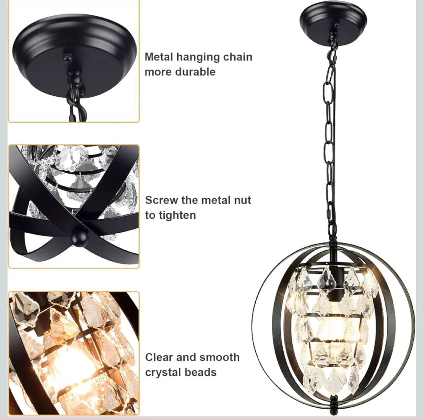 Black Metal Orb Crystal Pendant Light - photo 4