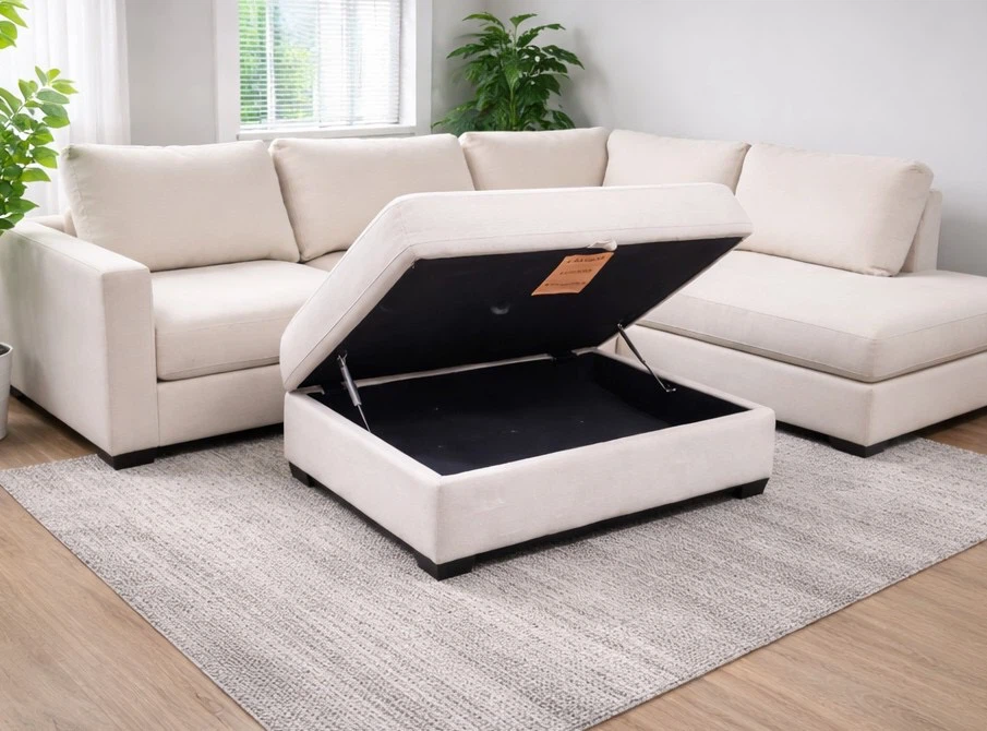 Cream Sectional Sofa with Storage Ottoman