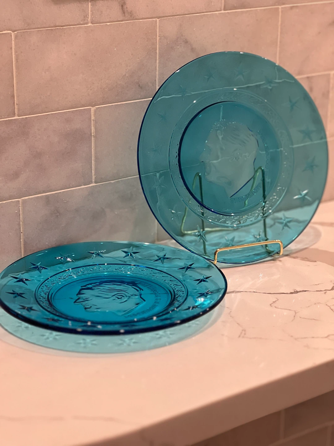 Teal Blue Glass President F.D. Roosevelt Commemorative Plates