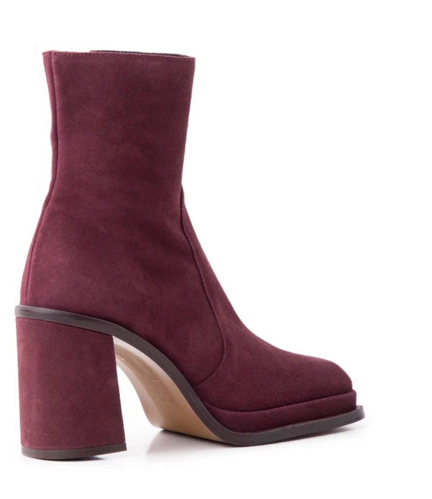 Made in Spain.  Burgundy Suede Square Toe Ankle Boots